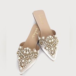Ivory Satin Pearl Embroidered Pointed-Toe Flats